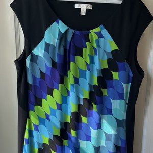 London Times Blue and Green Dress Sixties Style Size 14